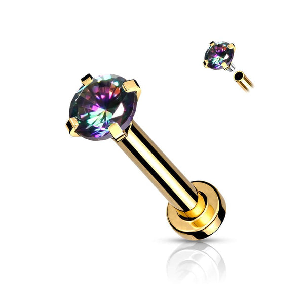 316L Surgical Steel Internally Threaded Gold PVD Flat Back Labret Vitrail Medium CZ Gem - Pierced Universe