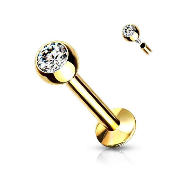 316L Surgical Steel Internally Threaded Gold PVD White CZ Labret Flat Back - Pierced Universe