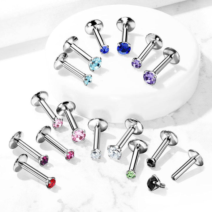 316L Surgical Steel Internally Threaded Green Circle Prong CZ Flat Back Labret Stud - Pierced Universe