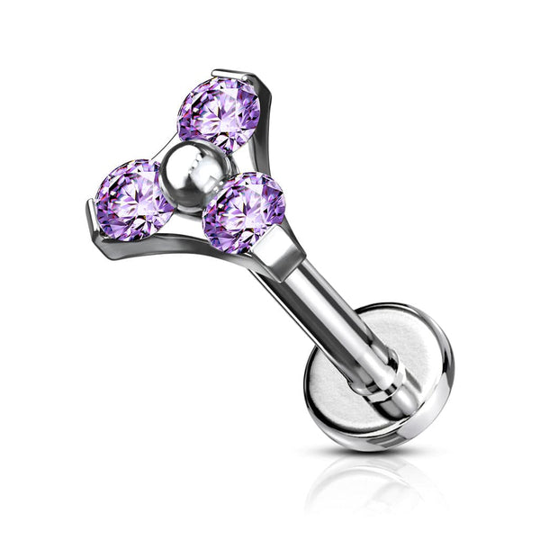 316L Surgical Steel Internally Threaded Purple Triangle CZ Labret - Pierced Universe