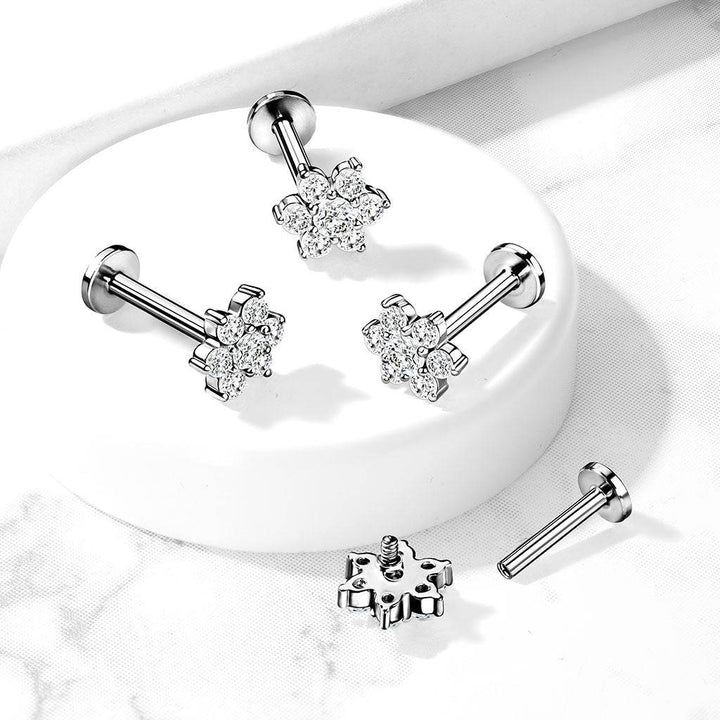 316L Surgical Steel Internally Threaded White CZ Flower Flat Back - Pierced Universe