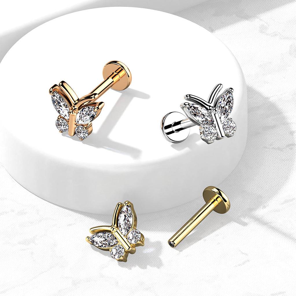 316L Surgical Steel Internally Threaded White CZ Gem Butterfly Flat ...