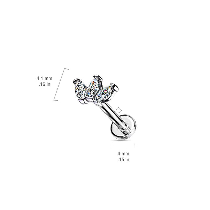 316L Surgical Steel Internally Threaded White CZ Marquise Flat Back Labret - Pierced Universe