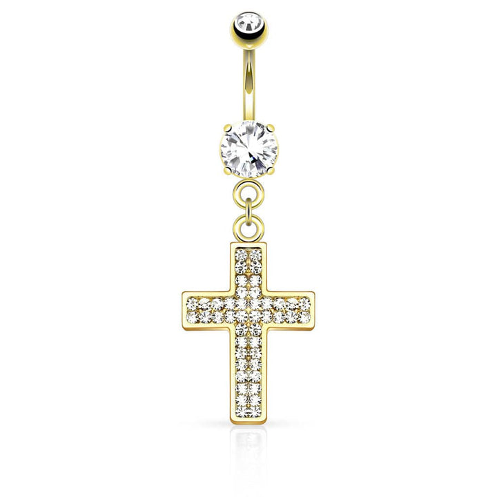 316L Surgical Steel Micro Paved CZ Jesus Crucifix Cross Dangle Belly Ring - Pierced Universe