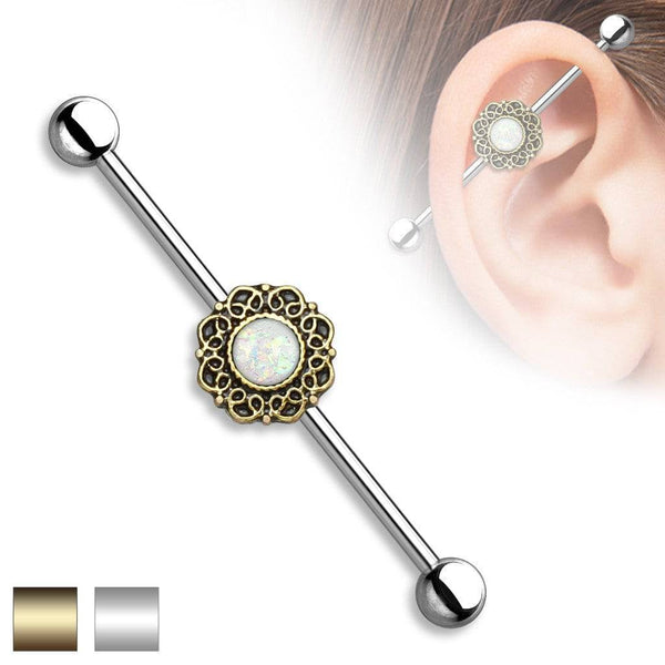 316L Surgical Steel Opal Glitter Filigree Tribal Boho Industrial Barbell - Pierced Universe