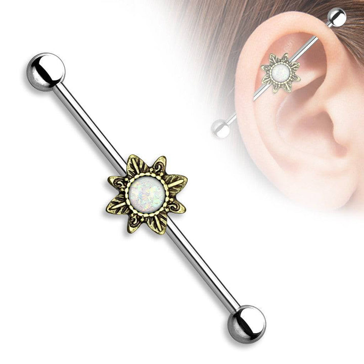 316L Surgical Steel Opal Glitter Flower Tribal Boho Industrial Barbell - Pierced Universe