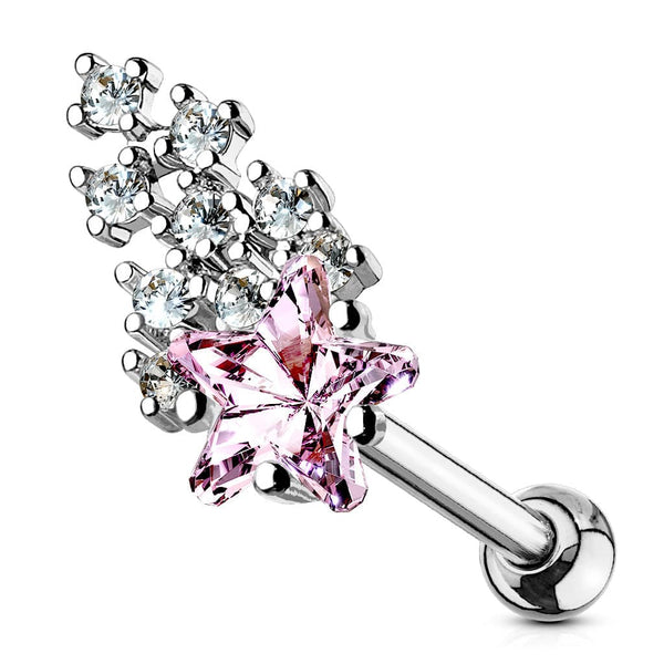 316L Surgical Steel Pink & White Shooting Star Ball Back Cartilage Ring - Pierced Universe