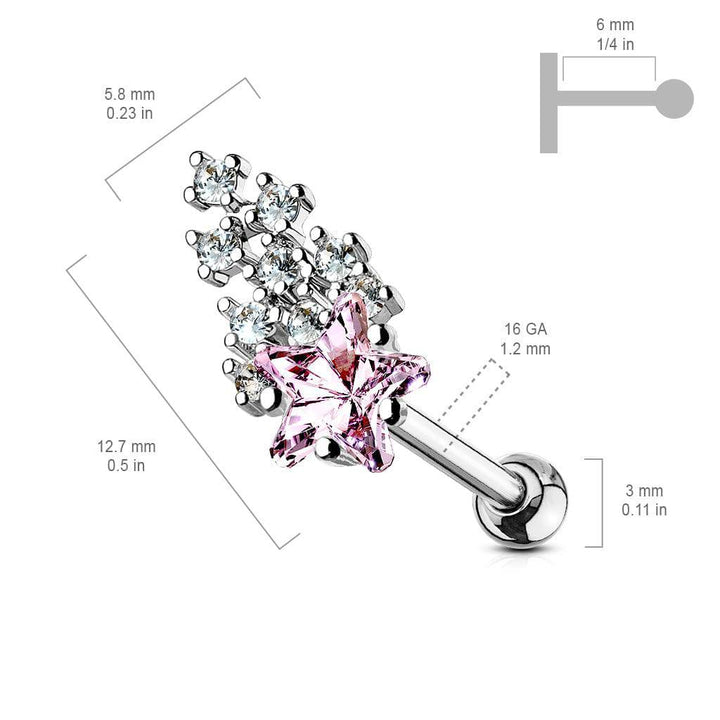 316L Surgical Steel Pink & White Shooting Star Ball Back Cartilage Ring