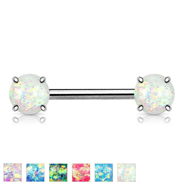 316L Surgical Steel Prong Opal Glitter Nipple Ring Barbell - Pierced Universe