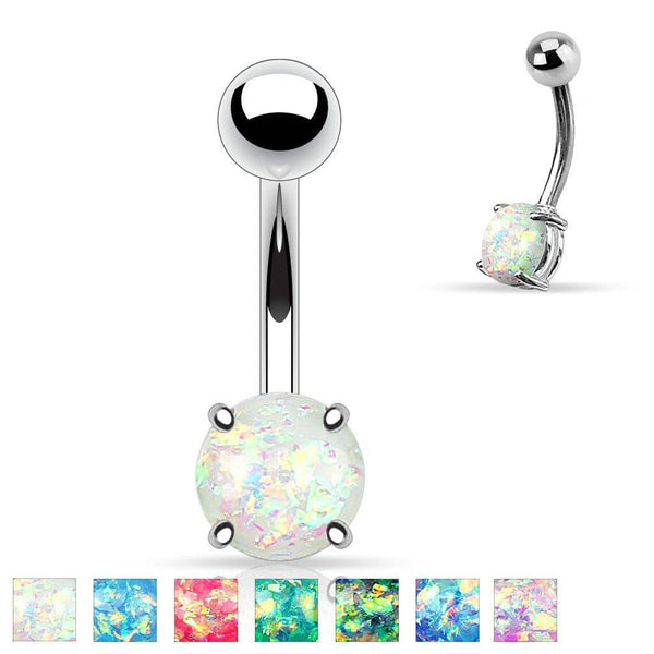 316L Surgical Steel Prong Set Opal Glitter Belly Button Ring - Pierced Universe