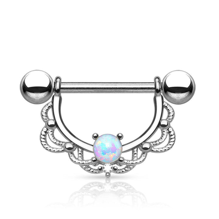 316L Surgical Steel Prong Set Opal with Laced Nipple Ring Barbell - Pierced Universe