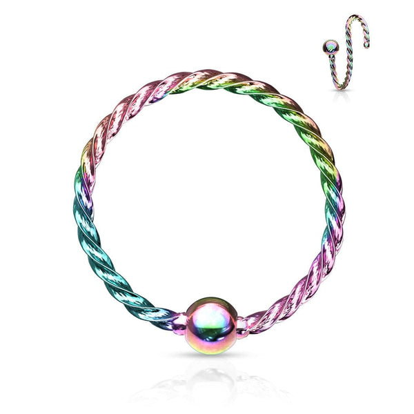 316L Surgical Steel Rainbow PVD Twisted Rope Nose Hoop Ring with Fixed Ball - Pierced Universe