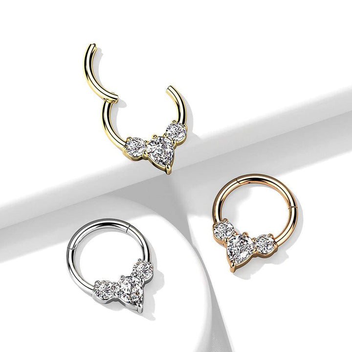 316L Surgical Steel Rose Gold PVD 3 White CZ Gem Teardrop Dainty Septum Ring Hinged Clicker Hoop - Pierced Universe