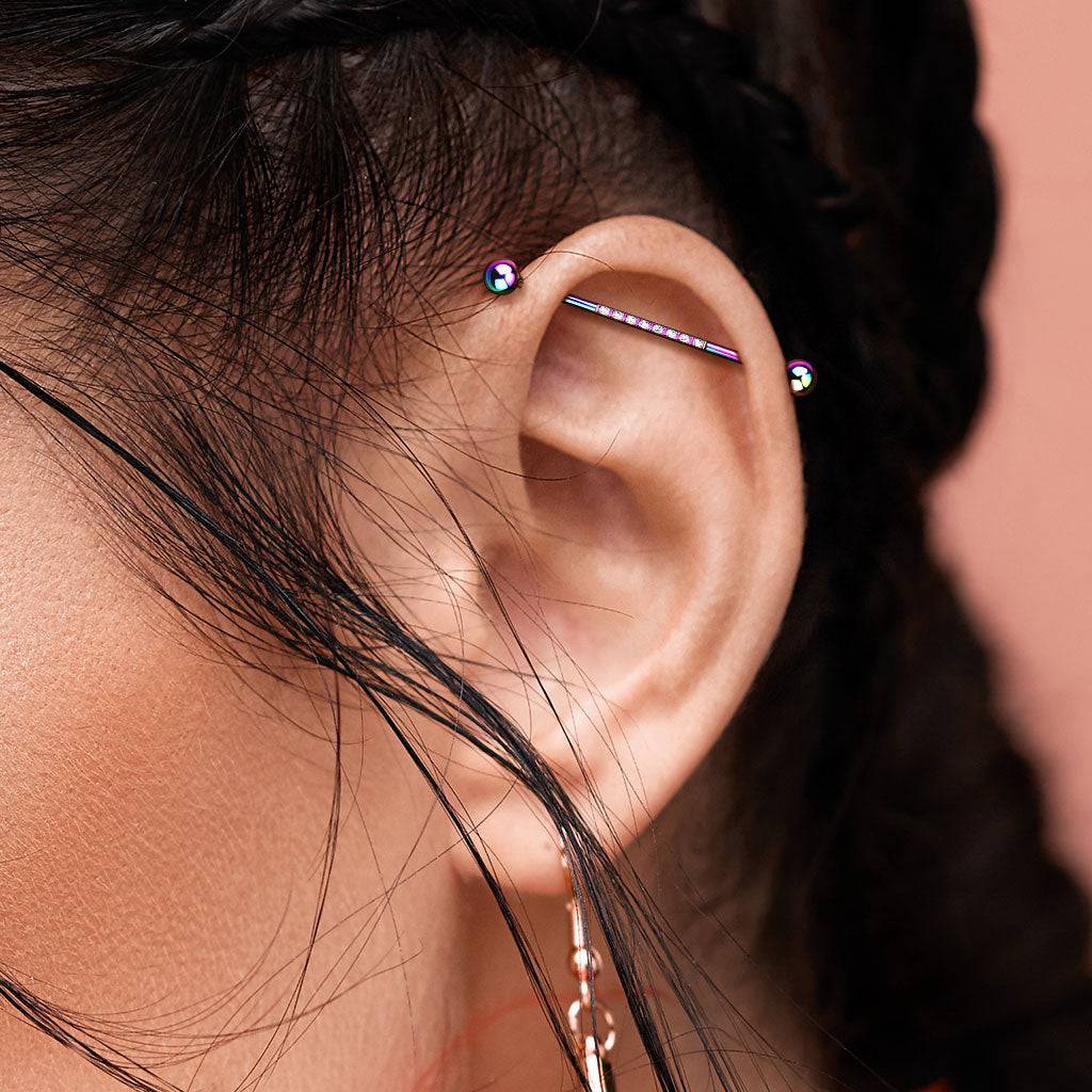 316L Surgical Steel Rose Gold PVD Industrial Straight Barbell With Dainty White CZ Gems Pierced Universe