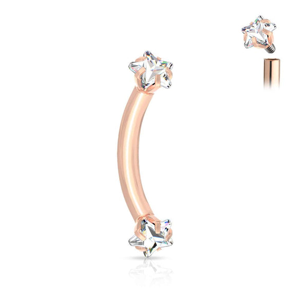316L Surgical Steel Rose Gold PVD Internally Threaded Double White CZ Star Curved Barbell - Pierced Universe