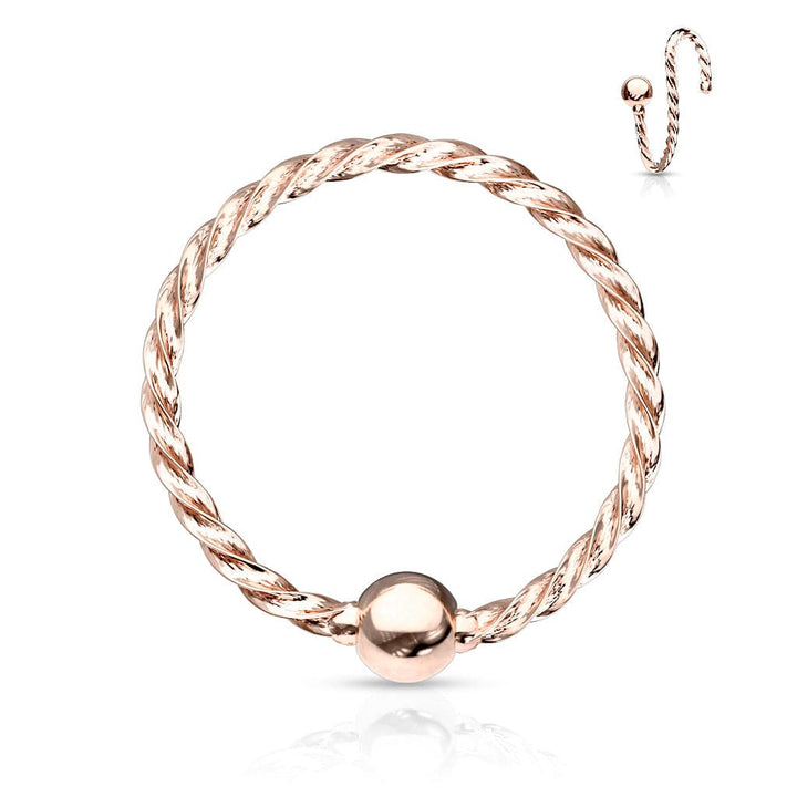 316L Surgical Steel Rose Gold PVD Twisted Rope Nose Hoop Ring with Fixed Ball - Pierced Universe
