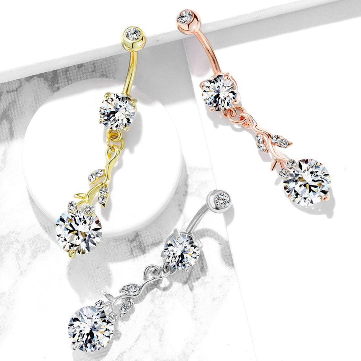 316L Surgical Steel Rose Gold PVD White CZ Vine Dangle Belly Ring - Pierced Universe