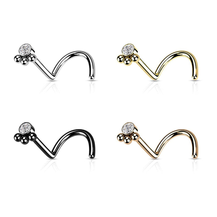 316L Surgical Steel Tribal Ball White CZ Corkscrew Nose Ring Stud - Pierced Universe