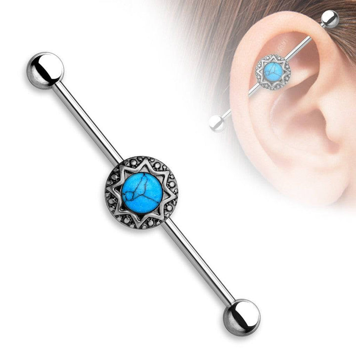 316L Surgical Steel Turquoise Sunburst Tribal Boho Industrial Barbell - Pierced Universe