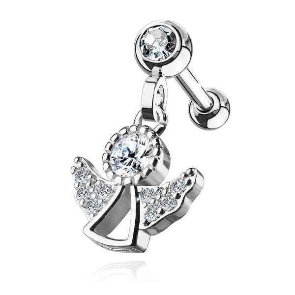 316L Surgical Steel White CZ Dangling Angel Cartilage Ring - Pierced Universe