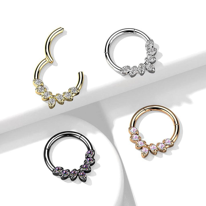 316L Surgical Steel White CZ Gem Vine Leaf Dainty Septum Ring Hinged Clicker Hoop - Pierced Universe