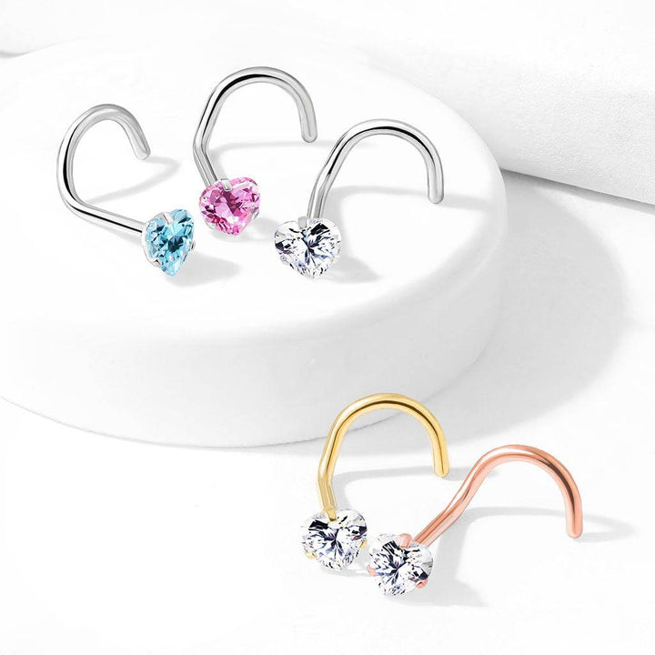316L Surgical Steel White Heart CZ Corkscrew Nose Pin Ring - Pierced Universe
