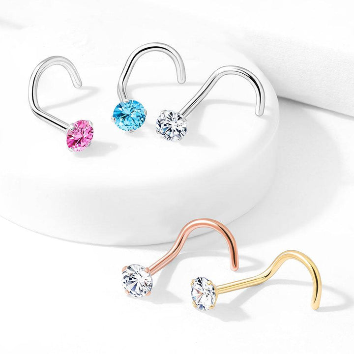 316L Surgical Steel White Round CZ Prong Gem Corkscrew Nose Ring Stud - Pierced Universe