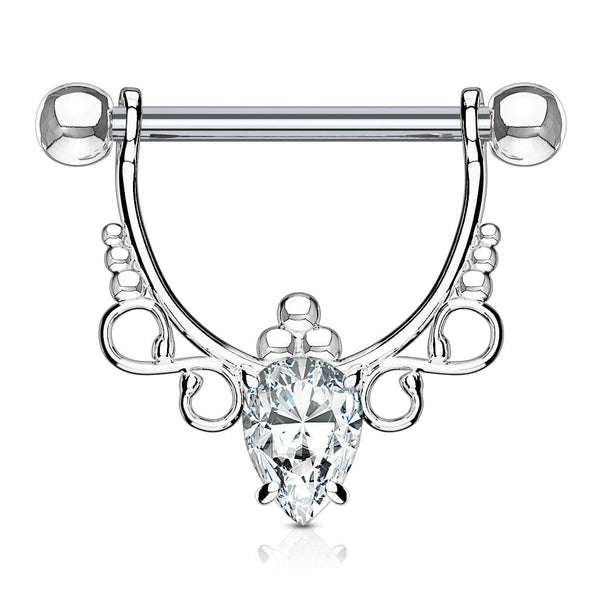 316L Surgical Steel with White Pear CZ Dangle Nipple Ring Barbell - Pierced Universe