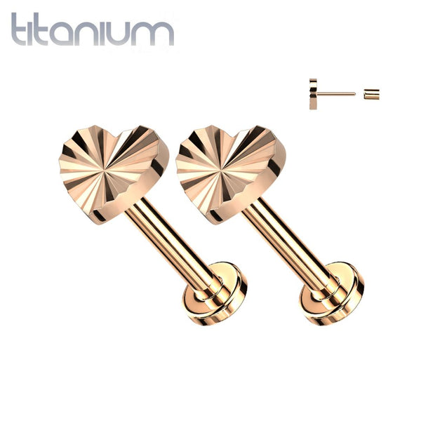 Pair of Implant Grade Titanium Rose Gold PVD Dainty Ridged Heart Threadless Push In Earrings With Flat Back - Pierced Universe