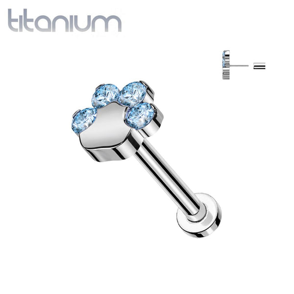 Implant Grade Titanium Paw Print Aqua CZ Threadless Push In Labret - Pierced Universe