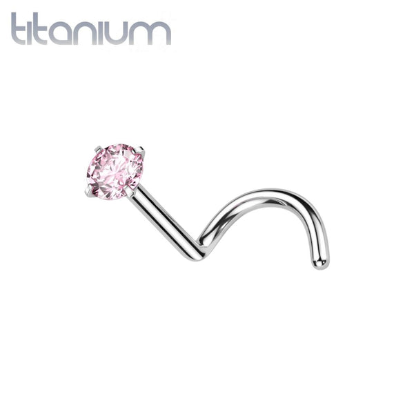 Implant Grade Titanium Corkscrew Nose Ring Stud Pink CZ With Prong - Pierced Universe