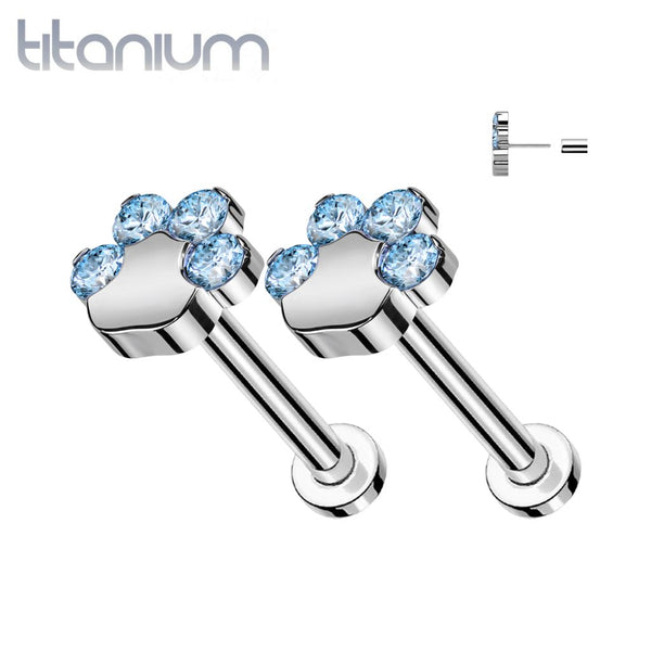 Pair of Implant Grade Titanium Paw Print Aqua CZ Push In Earrings With Flat Back - Pierced Universe