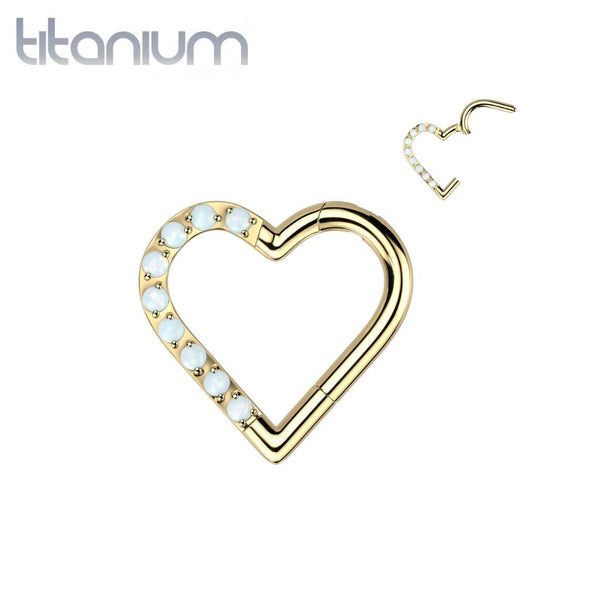 Implant Grade Titanium Gold PVD White Opal Heart Hinged Daith Clicker Hoop - Pierced Universe