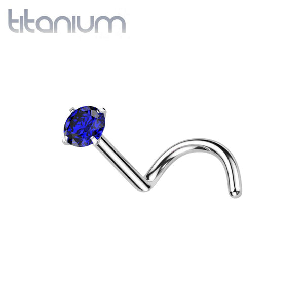 Implant Grade Titanium Corkscrew Nose Ring Stud Blue CZ With Prong - Pierced Universe