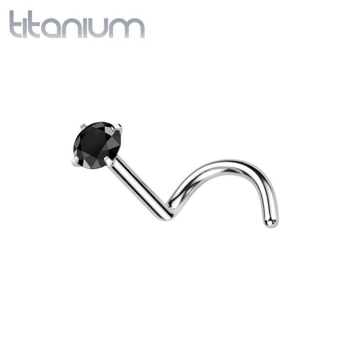 Implant Grade Titanium Corkscrew Nose Ring Stud Black CZ With Prong - Pierced Universe