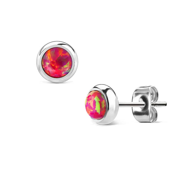 6mm Bezel Red Opal Surgical Steel Stud Earrings - Pierced Universe