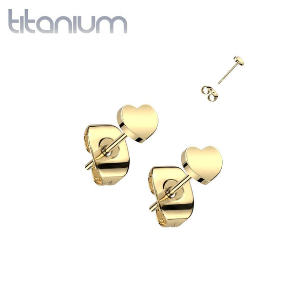 Pair of Implant Grade Titanium Gold PVD Simple Dainty Heart Shaped Stud Earrings - Pierced Universe