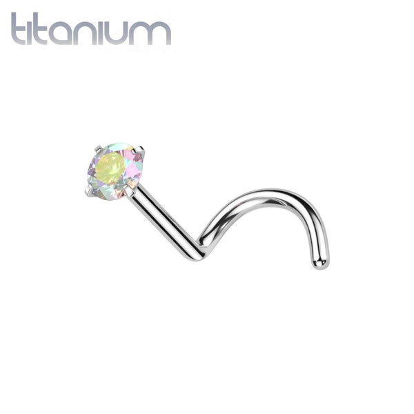 Implant Grade Titanium Corkscrew Nose Ring Stud Aurora Borealis CZ With Prong - Pierced Universe