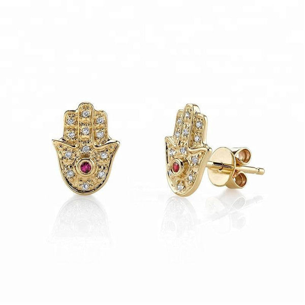 925 Sterling Silver Gold Plated Hamsa Hand with Red Gem Earring - Pierced Universe