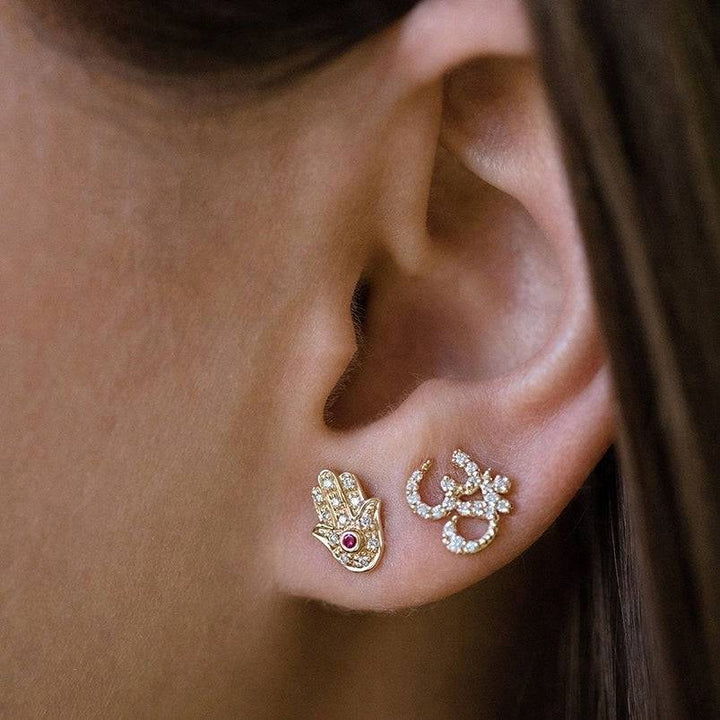 925 Sterling Silver Gold Plated Hamsa Hand with Red Gem Earring - Pierced Universe