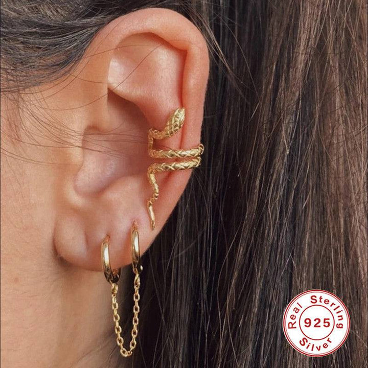 925 Sterling Silver Gold PVD Single Dainty Double Hoop With Chain Minimal Hoop Earring - Pierced Universe