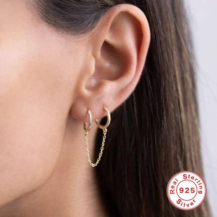 925 Sterling Silver Gold PVD Single Dainty Double Hoop With Chain Minimal Hoop Earring - Pierced Universe