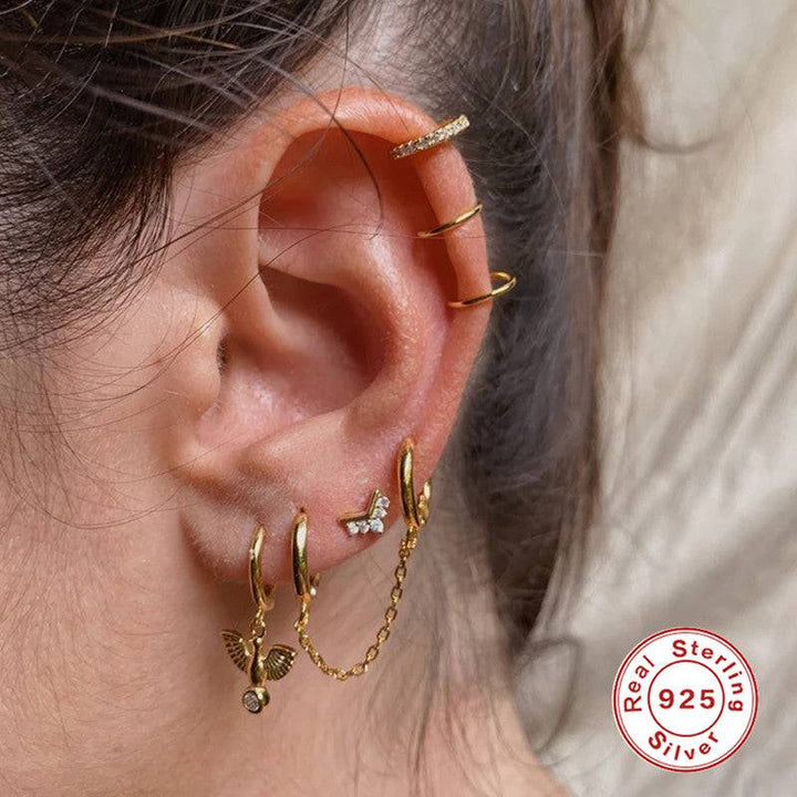 925 Sterling Silver Gold PVD Single Dainty Double Hoop With Chain Minimal Hoop Earring - Pierced Universe
