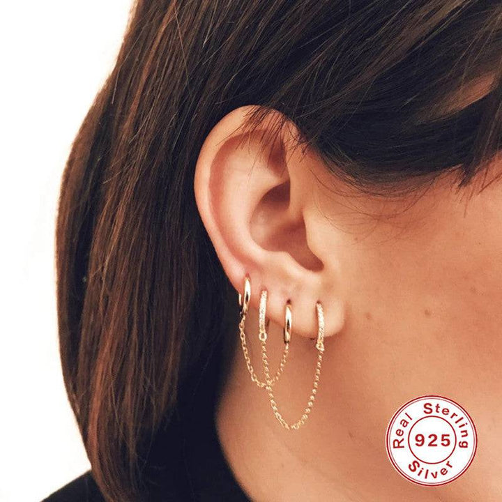 925 Sterling Silver Single Dainty Double Hoop With Chain Minimal Hoop Earring - Pierced Universe