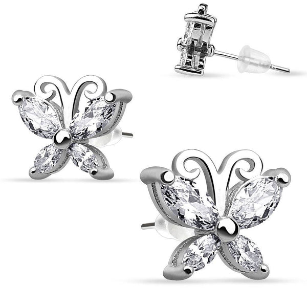925 Sterling Silver Ultra Clear CZ Gem Butterfly Stud Earrings - Pierced Universe