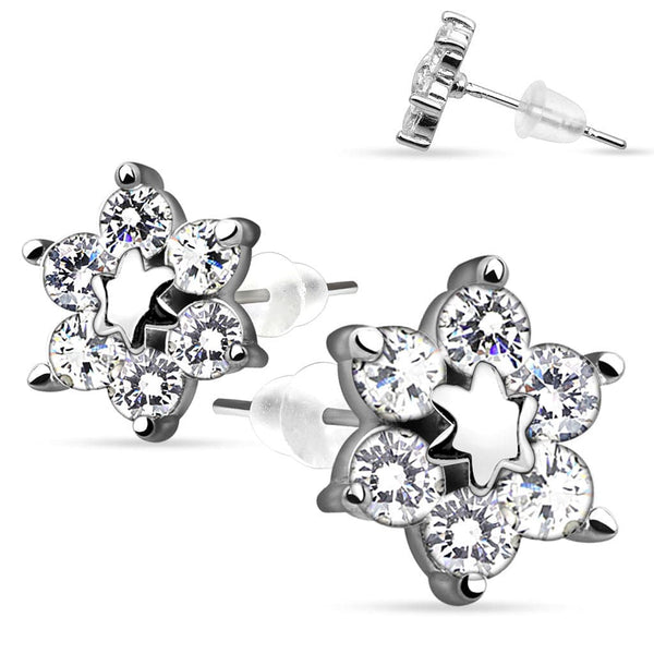 925 Sterling Silver Ultra Clear Paved CZ Crystal Flower Earring Studs - Pierced Universe