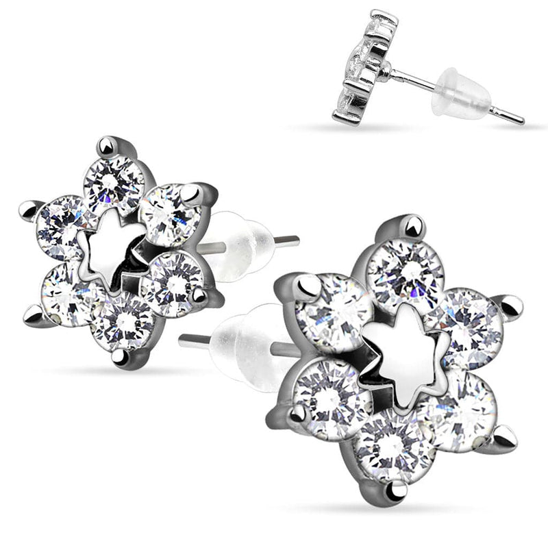 925 Sterling Silver Ultra Clear Paved CZ Crystal Flower Earring Studs - Pierced Universe