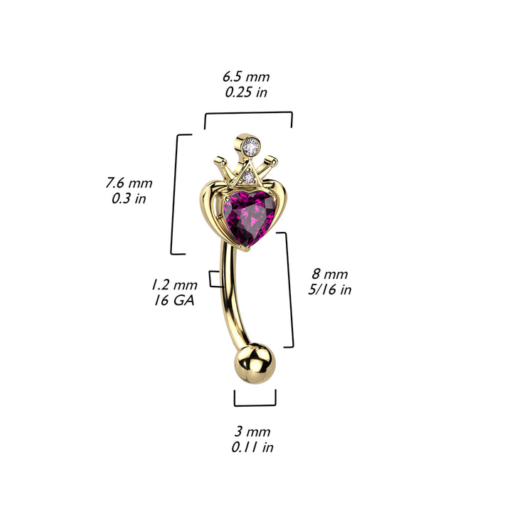 316L Surgical Steel Gold PVD Pink & White CZ Heart Crown Curved Barbell - Pierced Universe