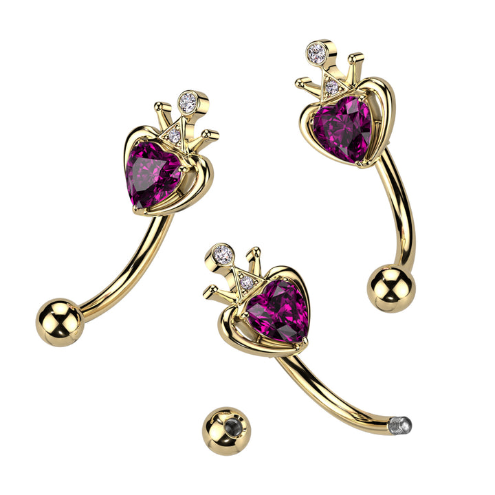 316L Surgical Steel Gold PVD Pink & White CZ Heart Crown Curved Barbell - Pierced Universe