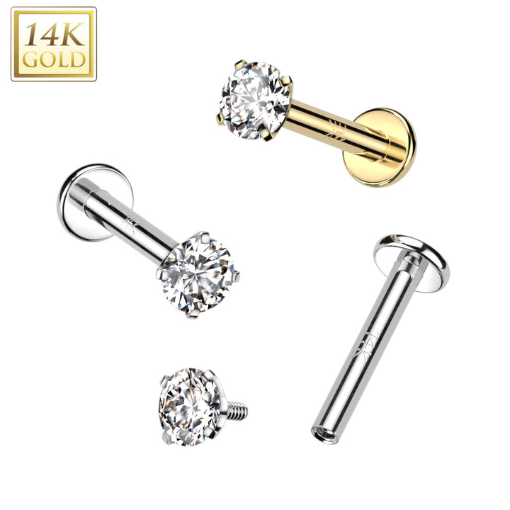 14KT White Gold White CZ Gem Internally Threaded Flat Back Labret - Pierced Universe